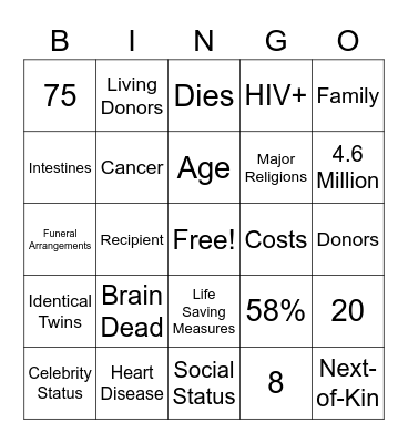 Organ Donation Bingo Card