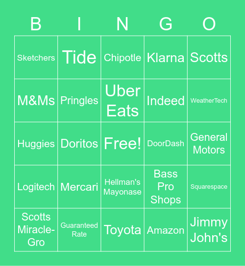 Super Bowl 2021 Commercials Bingo Card