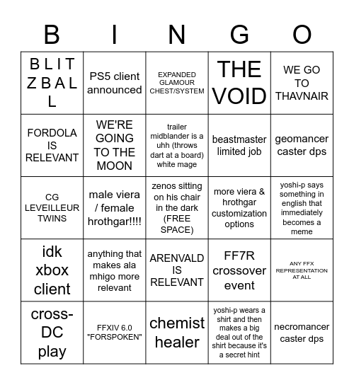 FFXIV ANNOUNCEMENT BROADCAST Bingo Card