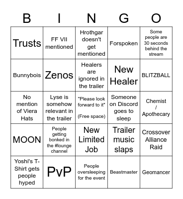 FFXIV Announcement - FC Watch Party Edition Bingo Card