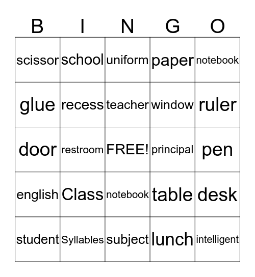 6th grade Vocabulary Bingo Card