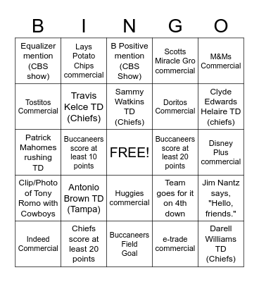 Super Bowl LV Bingo Card