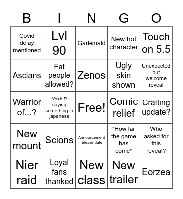 FFXIV SHOWCASE Bingo Card