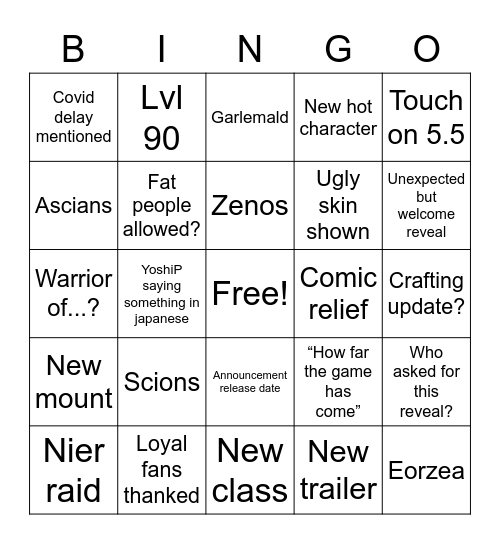FFXIV SHOWCASE Bingo Card