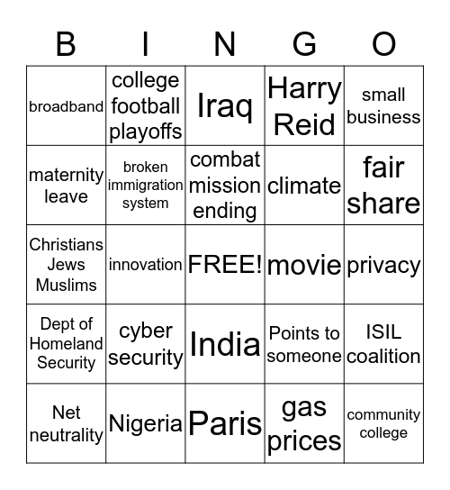 State of the Union Bingo Card