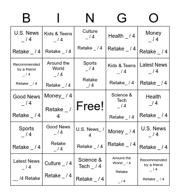 Newsela Bingo Card