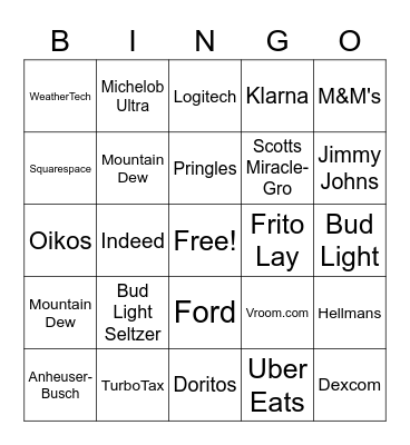 SUPERBOWL COMMERCIAL BINGO Card