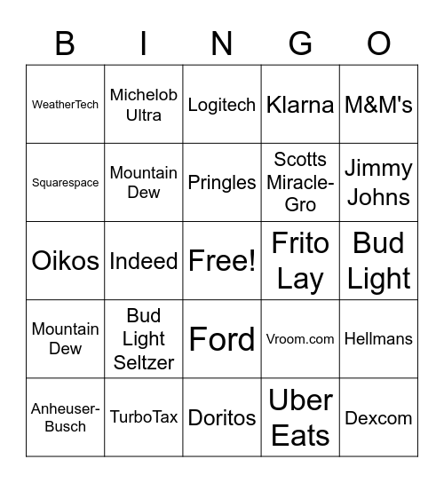 SUPERBOWL COMMERCIAL BINGO Card