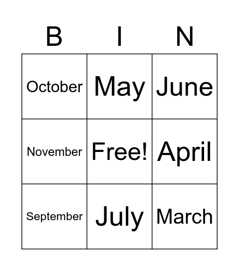 Months Bingo Card