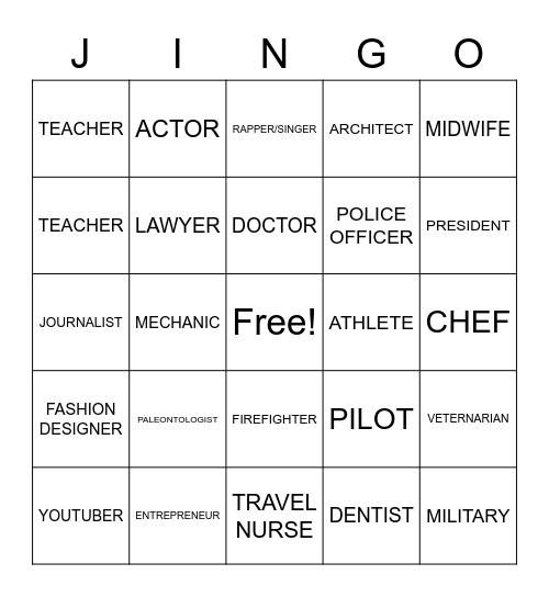 Careers Bingo Card