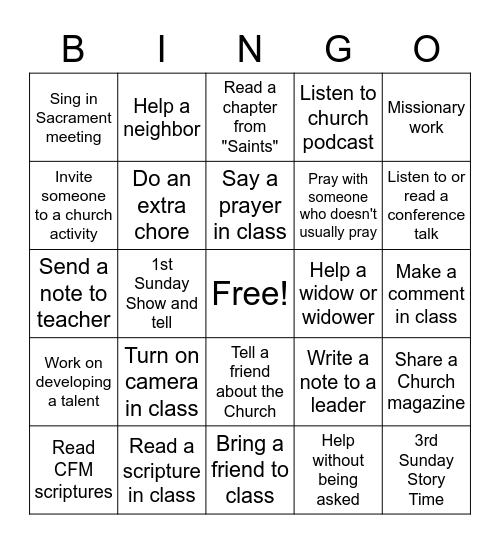 Sunday School BINGO Card