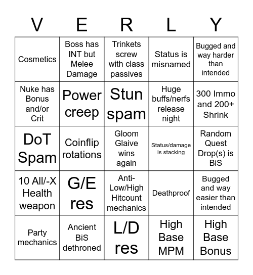 VERLY Bingo Card