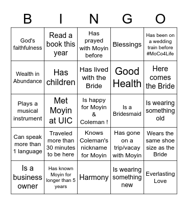 Moyin's Bridal Shower BINGO! Bingo Card