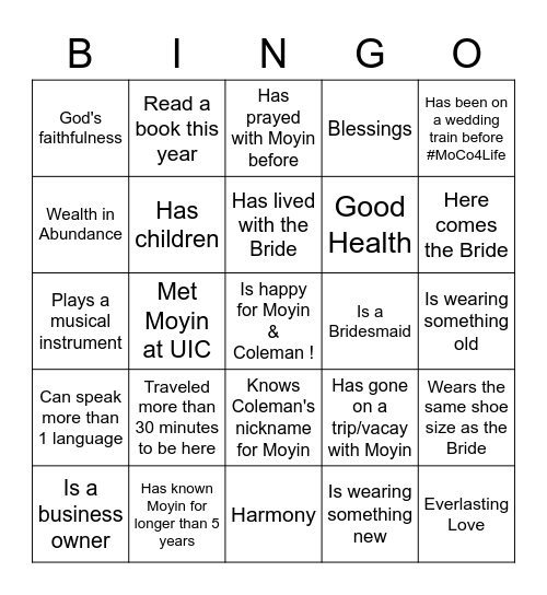 Moyin's Bridal Shower BINGO! Bingo Card