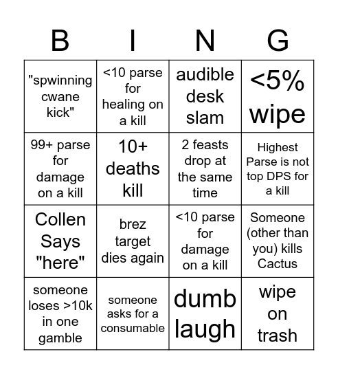 Raid bingo Card