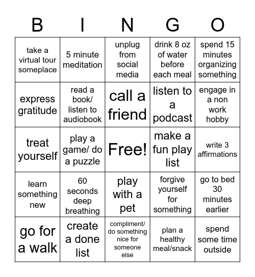 SELF-CARE Bingo Card