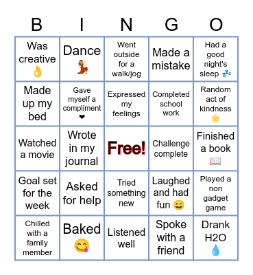 About ME and My Week Bingo Card
