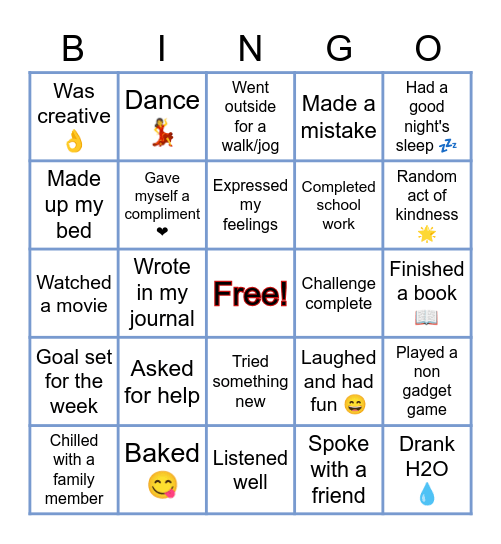 About ME and My Week Bingo Card
