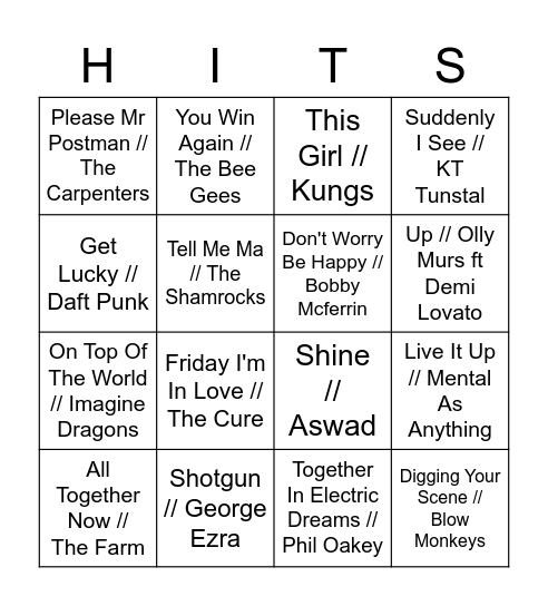 Feel Good Hits Bingo Card