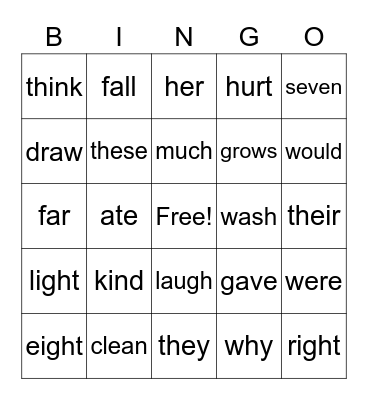Sight Word Bingo Card