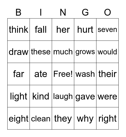 Sight Word Bingo Card