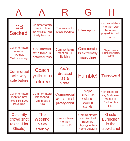 PIRATE PARTY (also SuperBowl) BINGO Card
