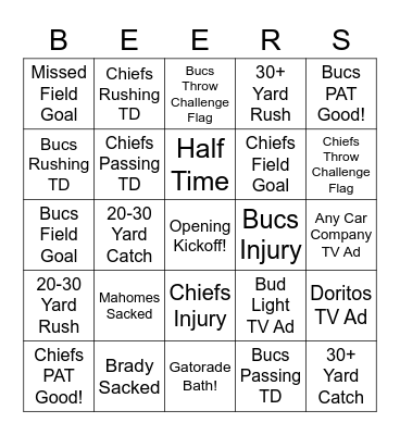 Super Bowl Bingo Card