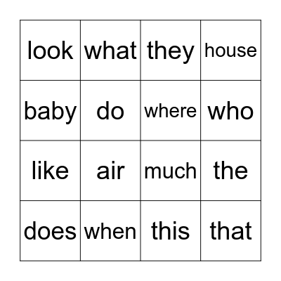 Site Word Bingo Card