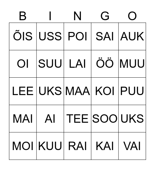 KOLMETÄHELISED SÕNAD Bingo Card