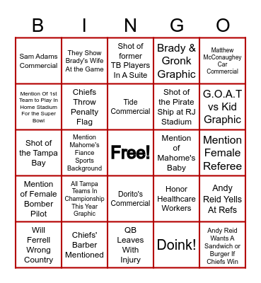 Super Bowl LV Bingo Card