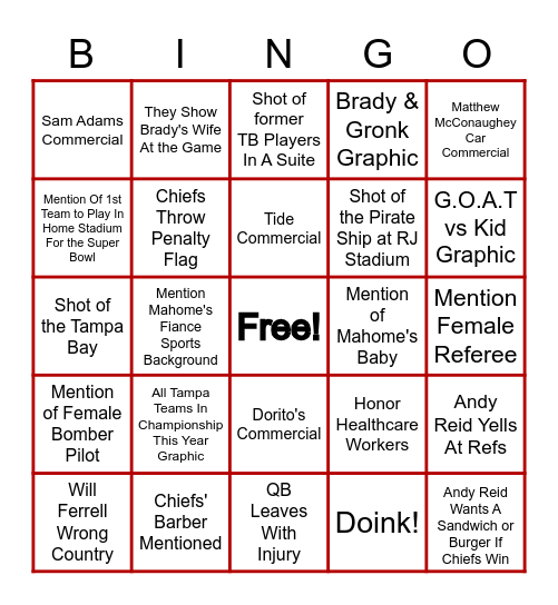 Super Bowl LV Bingo Card