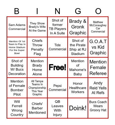 Super Bowl LV Bingo Card