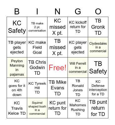 Super Bowl LV Bingo Card