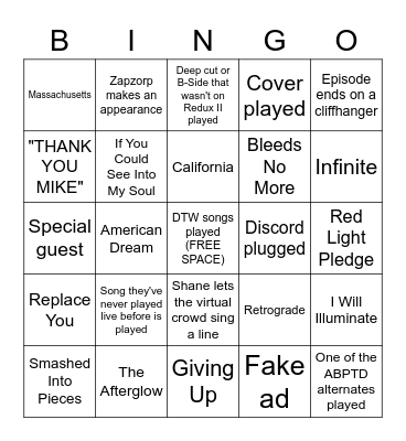 Silverstein OOTW Shows Bingo! Bingo Card