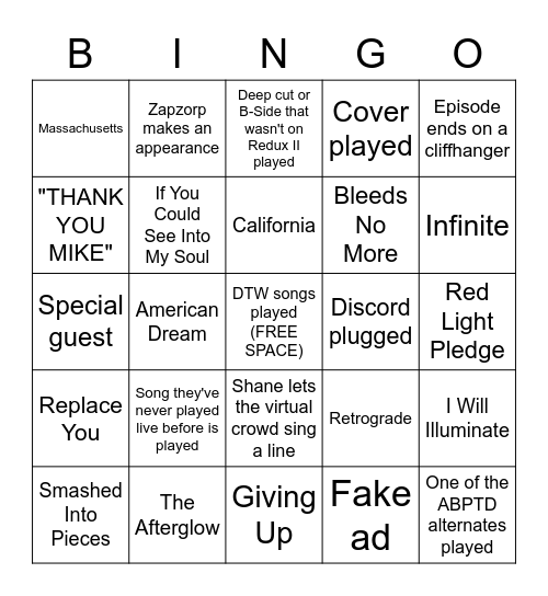 Silverstein OOTW Shows Bingo! Bingo Card