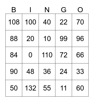 Multiplication 10 11 12 Bingo Card