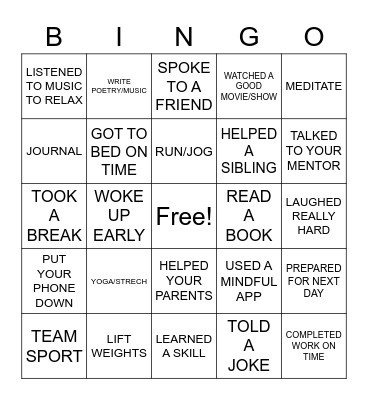 MINDFUL Bingo Card