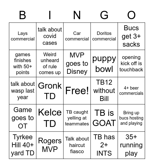 Super Bowl LV Bingo Card