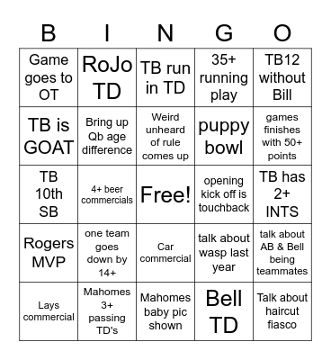 Super Bowl LV Bingo Card