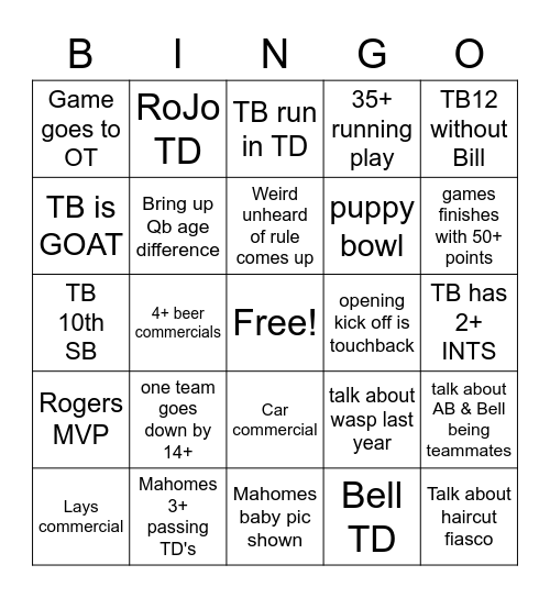 Super Bowl LV Bingo Card