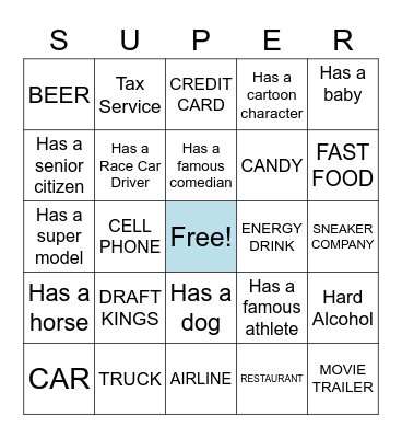 SuperBowl Commericals Bingo Card