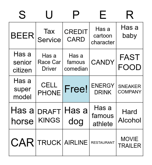SuperBowl Commericals Bingo Card