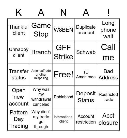KANA Bingo! Bingo Card