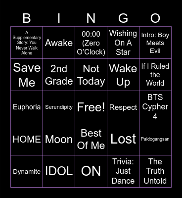 BTS Songs Bingo Card