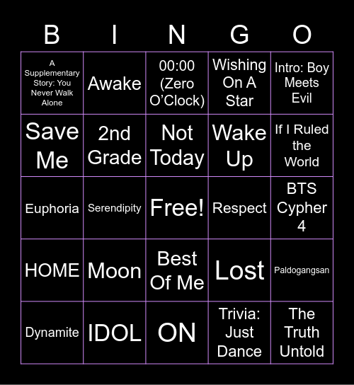 BTS Songs Bingo Card