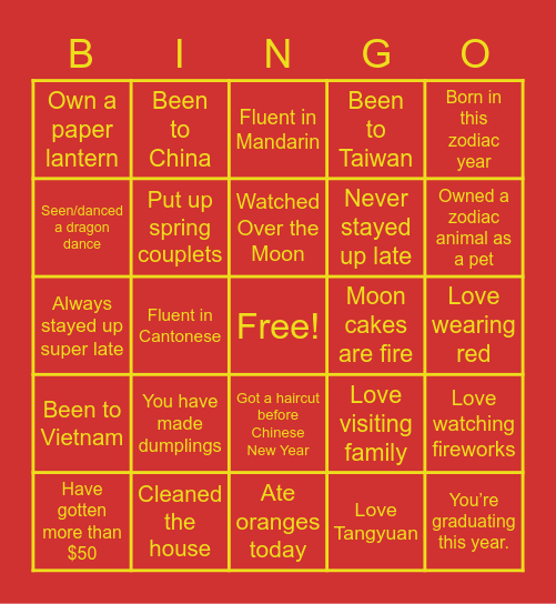 Chinese New Year Bingo Card