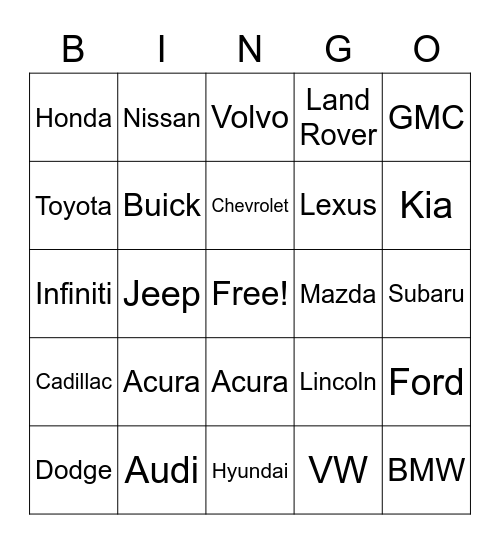 CARS Bingo Card