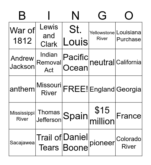 Early America Bingo Card