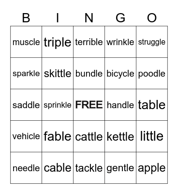 Consonant -le Bingo Card