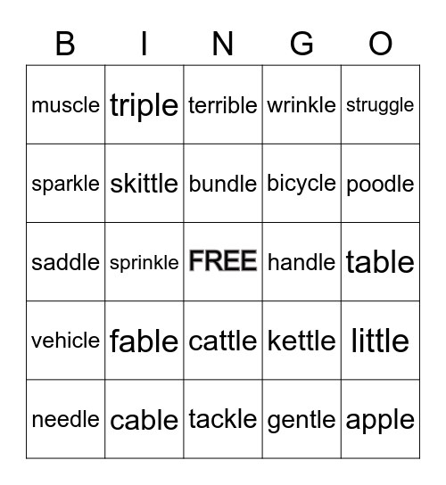 Consonant -le Bingo Card